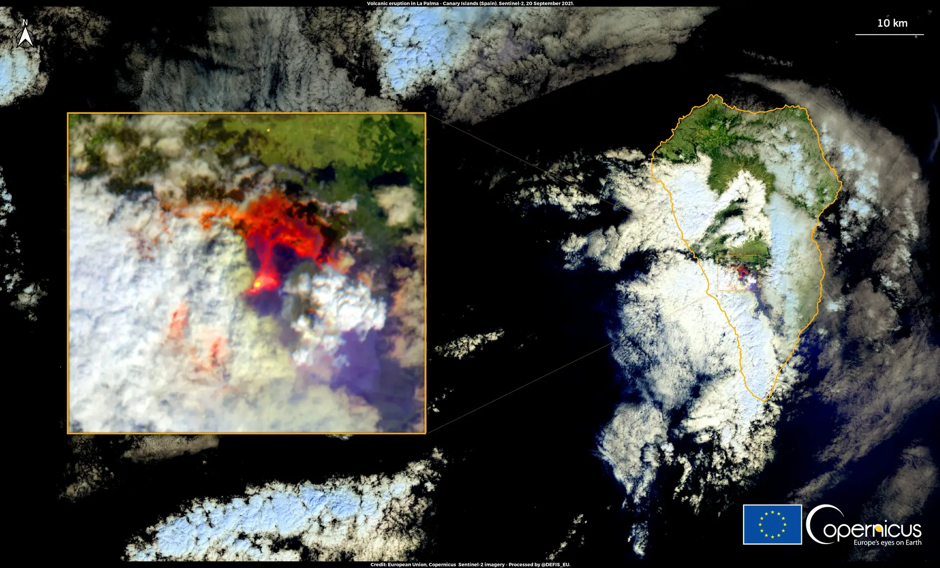 Imagem do satélite Copernicus Sentinel-2 do vulcão Cumbre Vieja, em La Palma, a 20 de setembro.