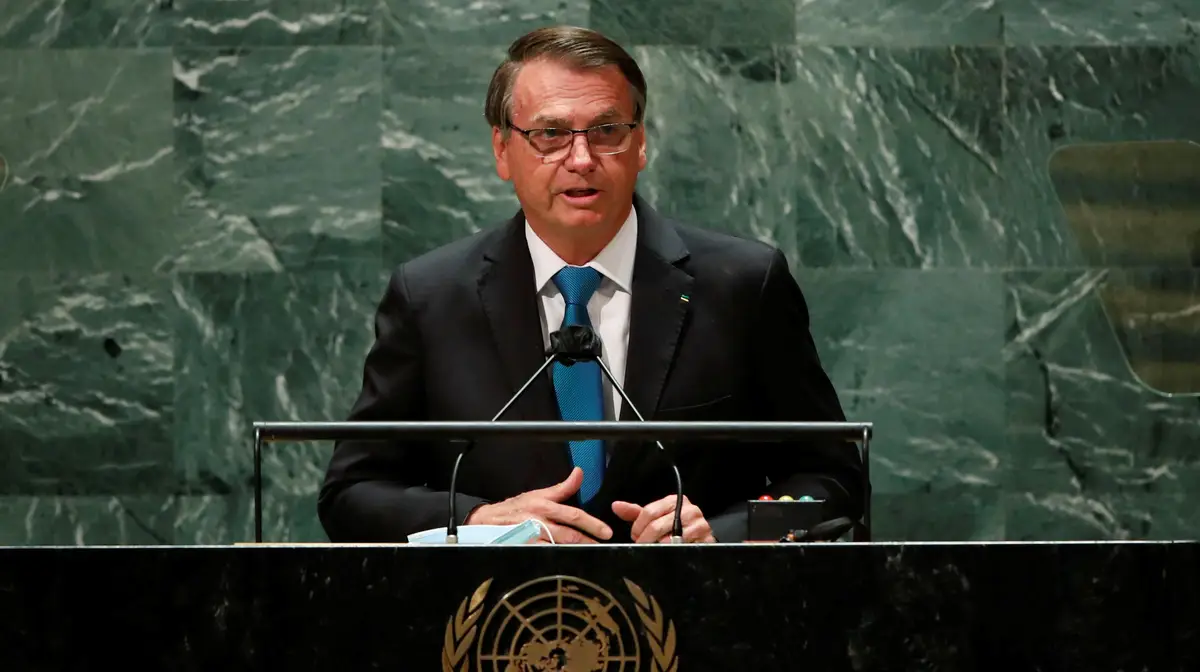 Jair Bolsonaro, Presidente brasileiro, discursa na 76.ª sessão da Assembleia Geral da ONU, em Nova Iorque, EUA.