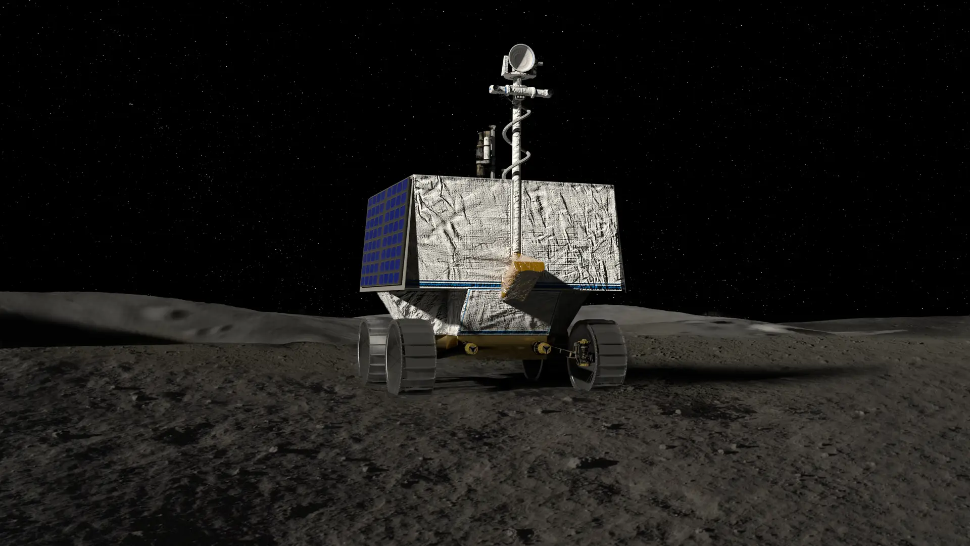 Desenho de VIPER, um robô móvel que percorrerá o Polo Sul da Lua em busca de gelo. A missão VIPER vai procurar onde está a água e quanto estará disponível, um passo significativo para o objetivo final da NASA de uma presença sustentável e de longo prazo na Lua - tornando eventualmente possível explorar Marte e mais além.