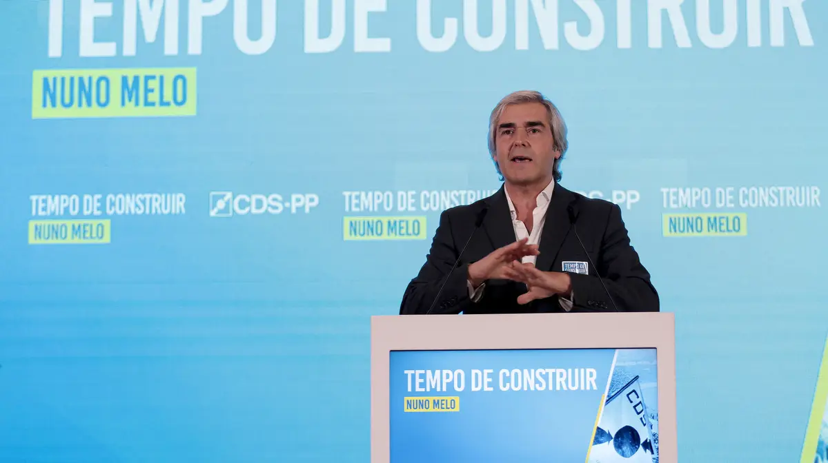 O Eurodeputado do CDS-PP, Nuno Melo, discursa durante a apresentação da sua candidatura à liderança do partido, no Palácio da Bolsa, na cidade do Porto.