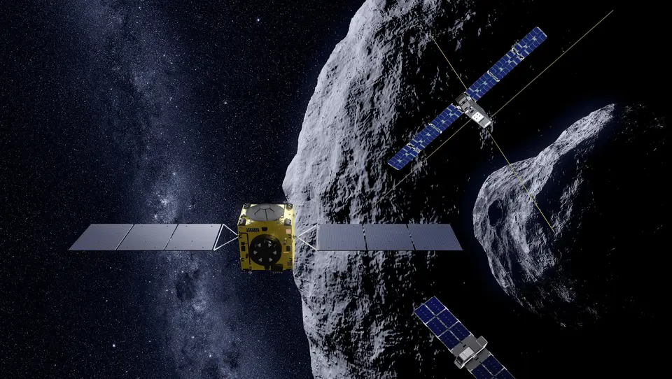 A missão HERA da ESA: ilustração do CubeSats em órbita do asteroide alvo da missão DART da NASA