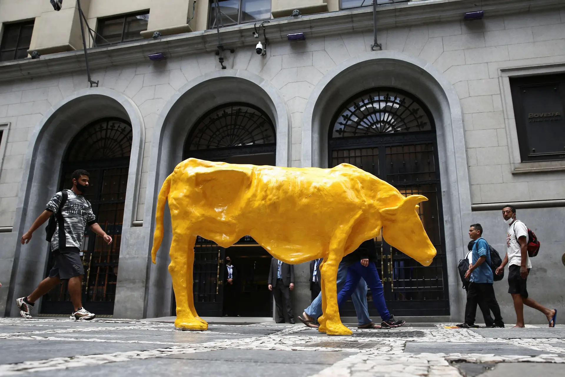 Artista coloca escultura de uma vaca magra em frente à Bolsa de Valores do Brasil