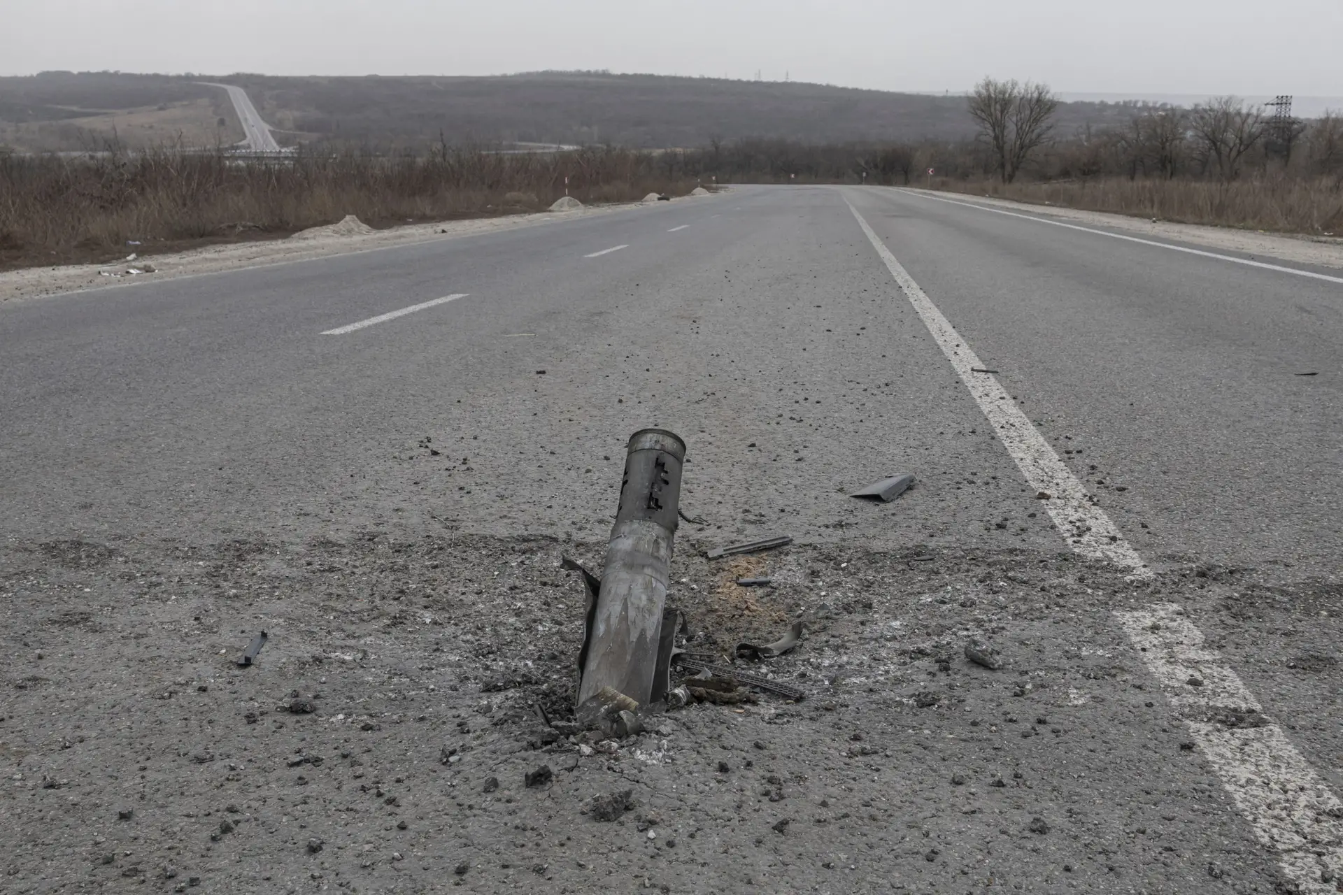 Remains of the Grad rocket are seen on a road near the village of Kamyanske, as Russia’s invasion of Ukraine continues, outside the town of Zaporizhzhia, Ukraine, April 2, 2022. REUTERS/Marko Djurica