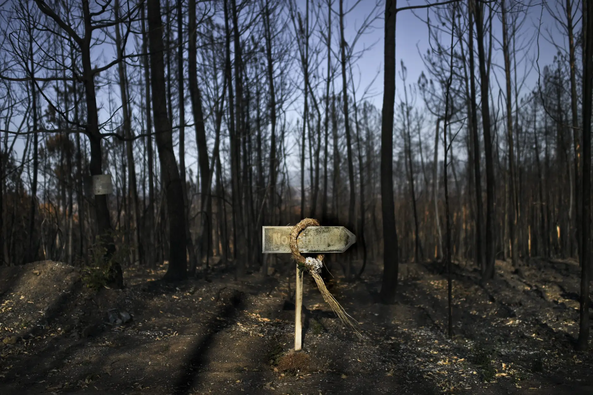A wreath to pay tribute to the people killed by a wildfire that broke out in this region of central Portugal on June 17, 2017, hangs from a burnt traffic sign pointing to Nodeirinho village, in Pedrogao Grande, on August 9, 2017. – Broken lives, ruined houses and burnt forests. After the deadly fire last June that devastated the region of Pedrogao Grande, in central Portugal, its inhabitants are now confronted with the impossible task of “starting all over again”. – TO GO WITH AFP STORY by THOMAS CABRAL (Photo by PATRICIA DE MELO MOREIRA / AFP) / TO GO WITH AFP STORY by THOMAS CABRAL (Photo by PATRICIA DE MELO MOREIRA/AFP via Getty Images)