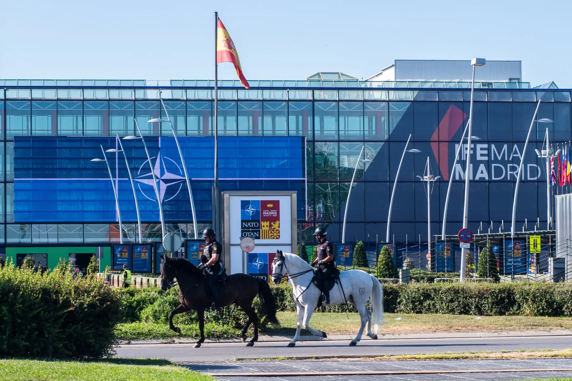 MADRID, SPAIN – 2022/06/27: Mounted police officers patrol in IFEMA where the NATO Summit will take place. Spain will host a NATO Summit in Madrid on 29th and 30th of June 2022. (Photo by Marcos del Mazo/LightRocket via Getty Images)