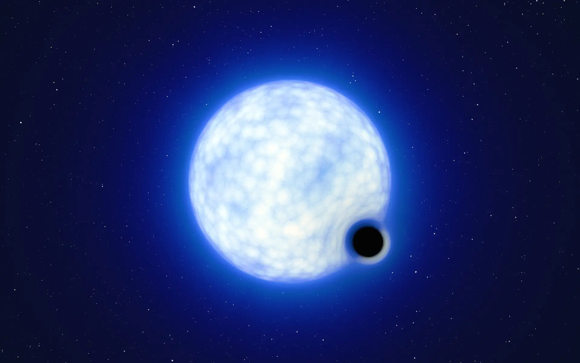 Ilustração de como seria o sistema binário VFTS 243 se o observássemos de perto. O sistema, localizado na Nebulosa da Tarântula na Grande Nuvem de Magalhães, é constituído por uma estrela quente e azul com 25 vezes a massa do Sol e um buraco negro, que tem pelo menos nove vezes a massa do Sol. Os tamanhos dos dois objetos não estão à escala.