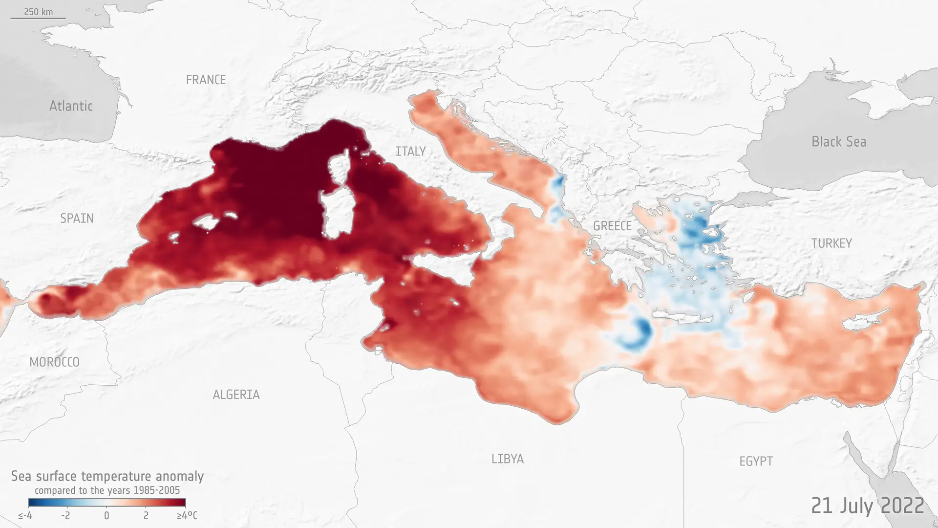 Muitas partes da Europa registaram temperaturas recordes durante o verão, mas não foi apenas o continente que foi afetado: o Mar Mediterrâneo também sofreu uma grande onda de calor marinha. Um projeto financiado pela ESA, CAREHeat, detetou uma das mais intensas ondas de calor marinhas no Mediterrâneo – com temperaturas à superfície a atingir 5°C acima da média.