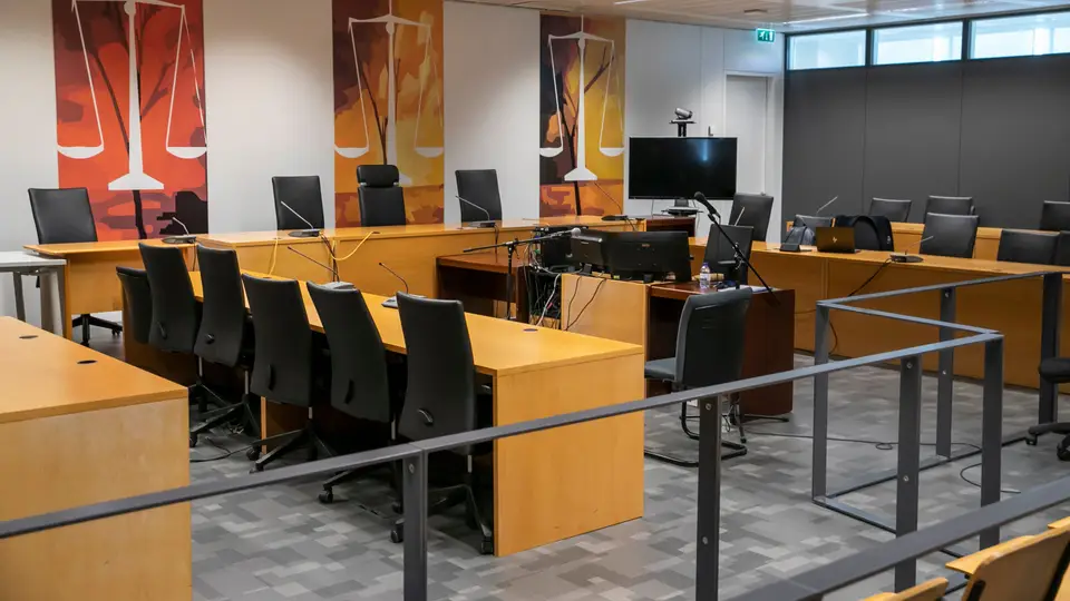 Imagem geral da sala de tribunal onde decorre o julgamento do processo "Football Leaks", no qual é arguido Rui Pinto, criador do "Football Leaks", e Aníbal Pinto, no Tribunal Central Criminal de Lisboa, Campus da Justiça, em Lisboa.