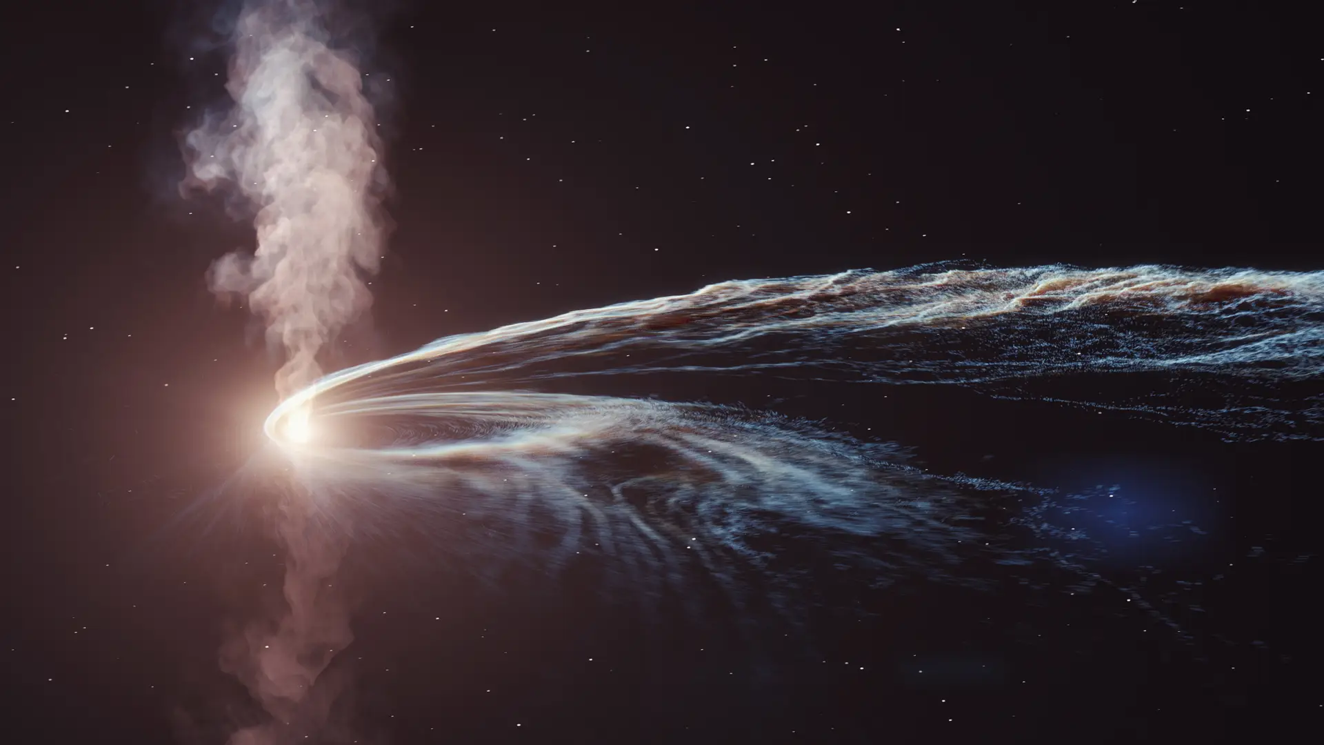 Ilustração do evento AT2019dsg em que um buraco negro supermassivo engole uma estrela. Parte do material não é consumido pelo buraco negro e é lançado de volta ao espaço.