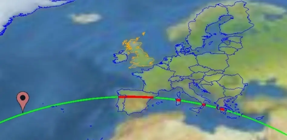 A trajetória do Long March 5B sobre a Península Ibérica na manhã de 4 de novembro de 2022.