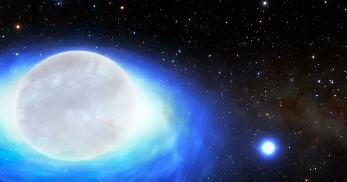 Ilustração da primeira deteção confirmada de um sistema estelar que um dia formará uma kilonova – criada pela fusão de estrelas de neutrões. Esses sistemas são tão raros que se acredita existirem apenas 10 em toda a Via Láctea.
