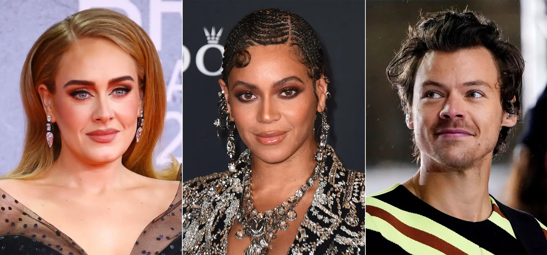 Nomeados para os Grammy, da esquerda para a direira: Adele, Beyoncé e Harry Styles