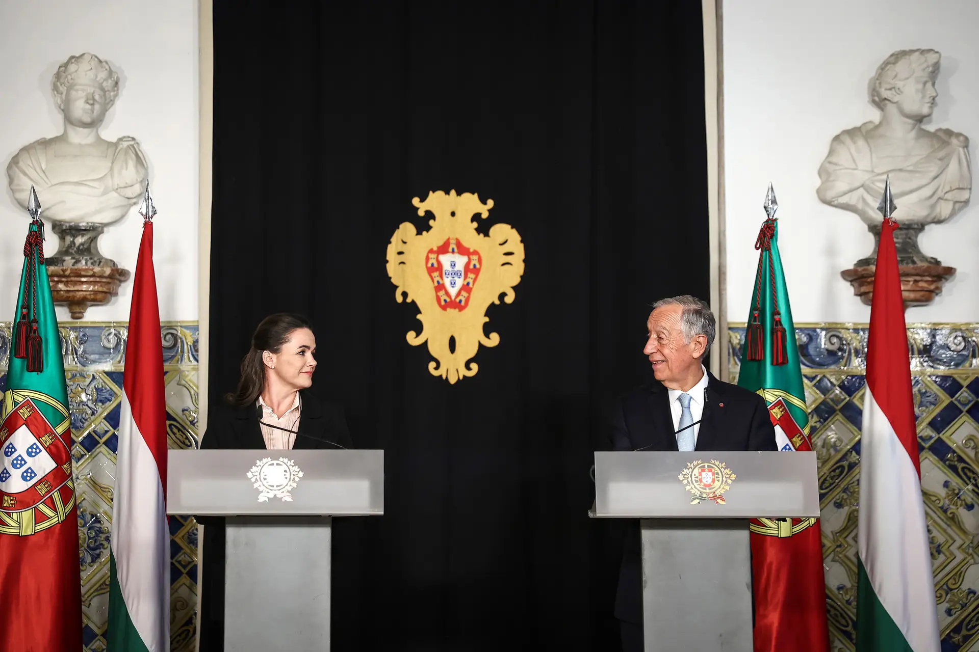 Marcelo Rebelo de Sousa e a Presidente húngara Katalin Novak, em Belém.