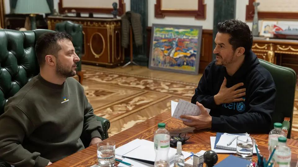 Orlando Bloom e Volodymyr Zelensky em Kiev, Ucrânia