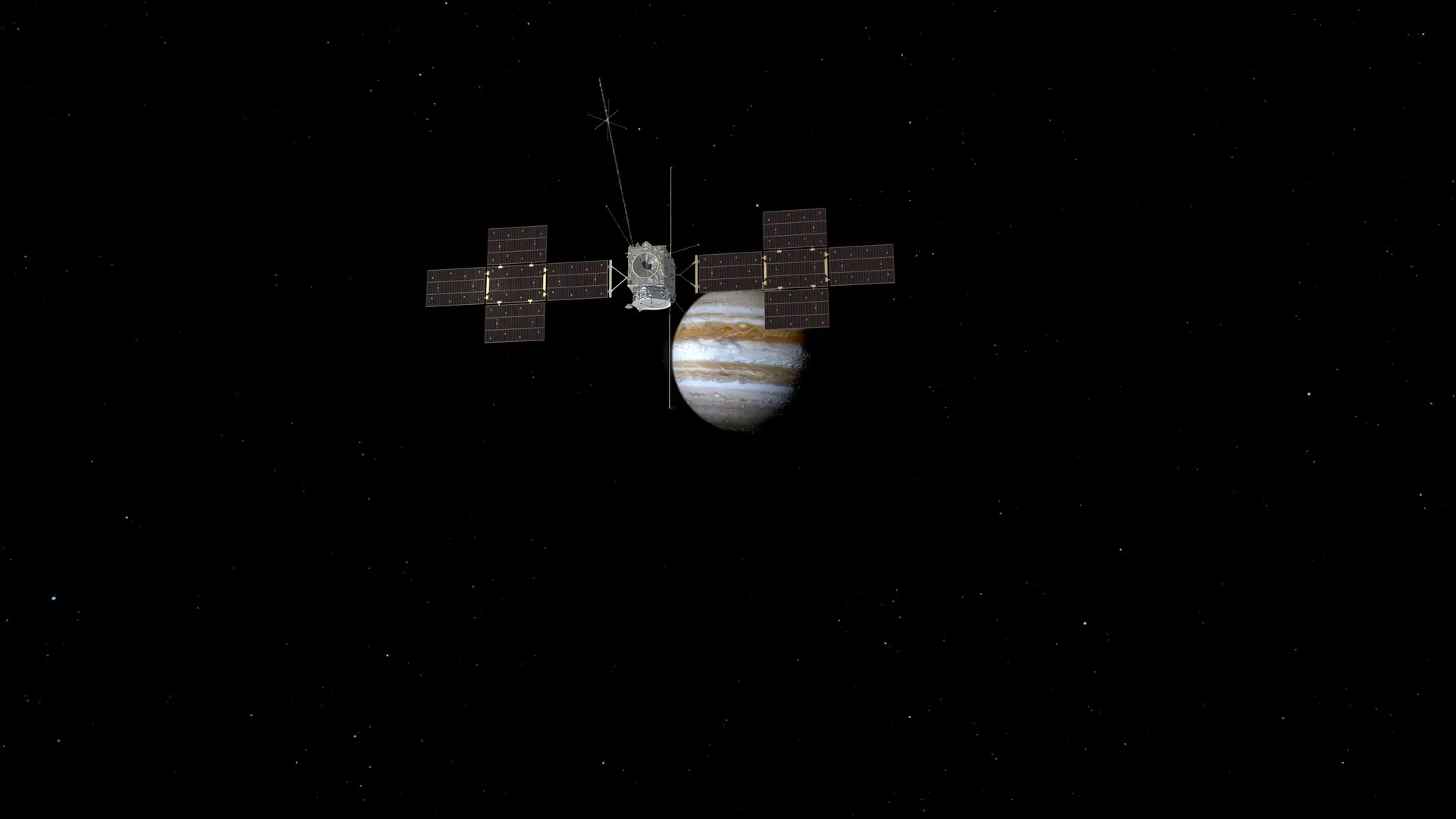 Ilustração da sonda JUICE na órbita de Jupiter.