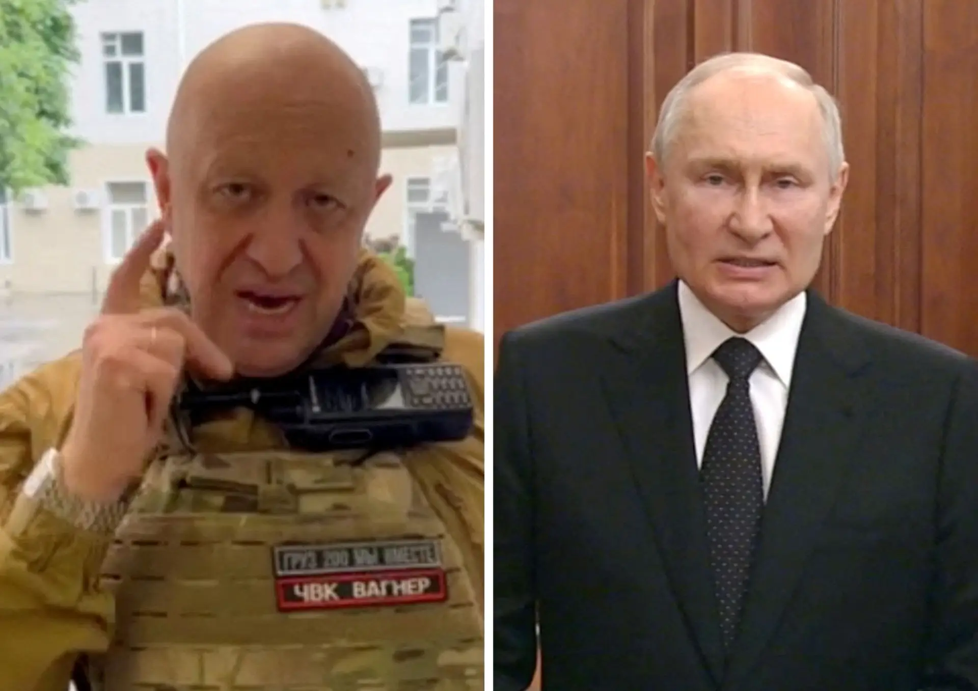 O líder do grupo Wagner, Yevgeny Prigozhin, e o Presidente da Rússia, Vladimir Putin