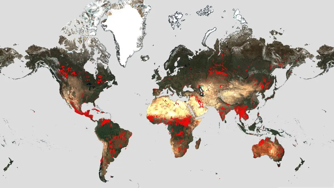 Mapa de fogos pelo mundo entre maio de 2016 e junho de 2023.