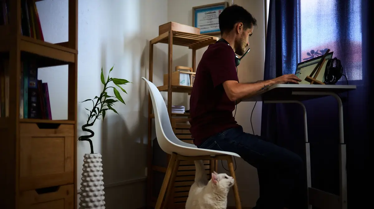 Tomás, 36 anos, é engenheiro e vive sozinho com o seu gato na pequena localidade Praia da Vitória, na Ilha Terceira, nos Açores. O teletrabalho permitiu-lhe durante muito tempo proteger-se, principalmente durante o período de recuperação.