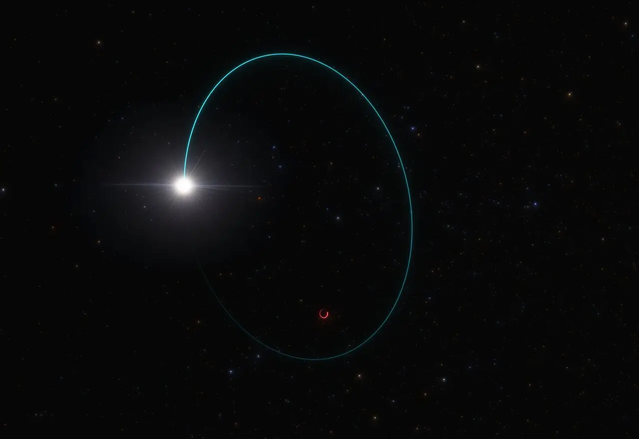 Os astrónomos descobriram o buraco negro estelar mais massivo da nossa galáxia graças ao movimento de oscilação que este objeto induz na sua estrela companheira. A ilustração mostra as órbitas da estrela e do buraco negro, designado Gaia BH3.