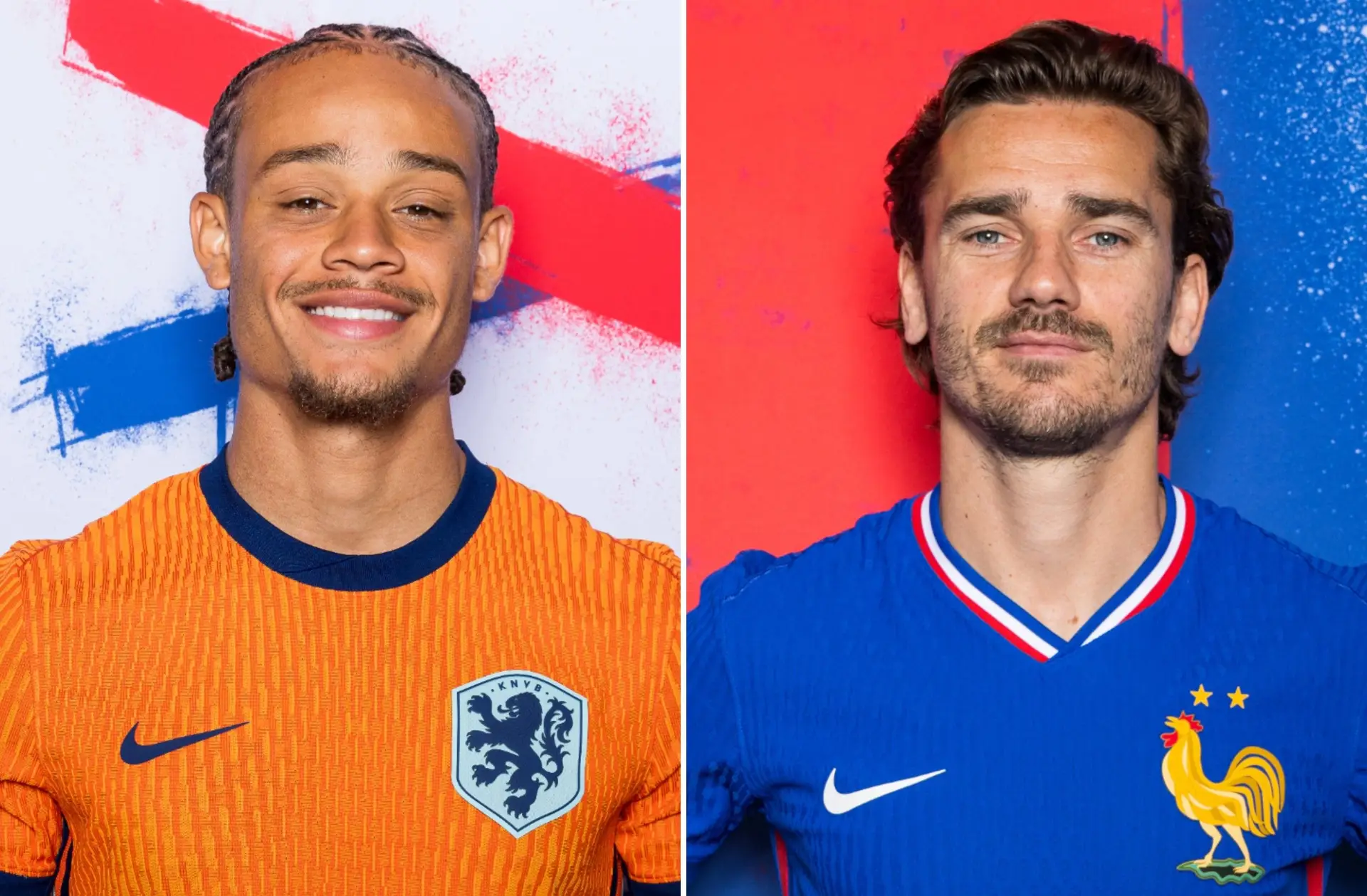 Xavi Simons, uma das "coqueluches" da "laranja", e Antoine Griezmann, uma das estrelas da seleção gaulesa