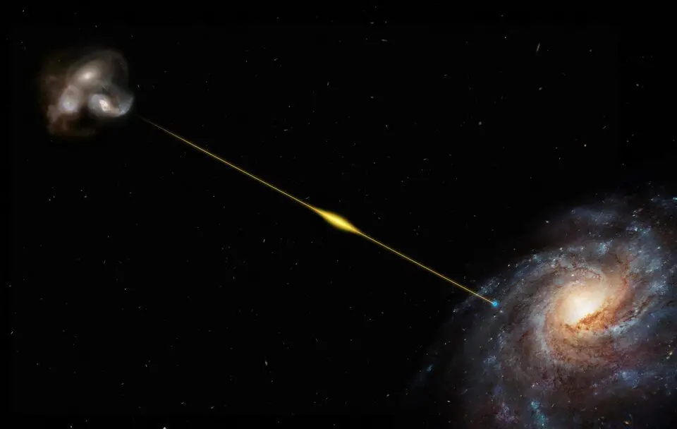 Impressão artística, sem escala, que ilustra o percurso de uma explosão rápida de rádio desde a galáxia distante onde se originou até à Terra, num dos braços espirais da Via Láctea (20 de outubro de 2023/ ESO/M. Kornmesser/via REUTERS
