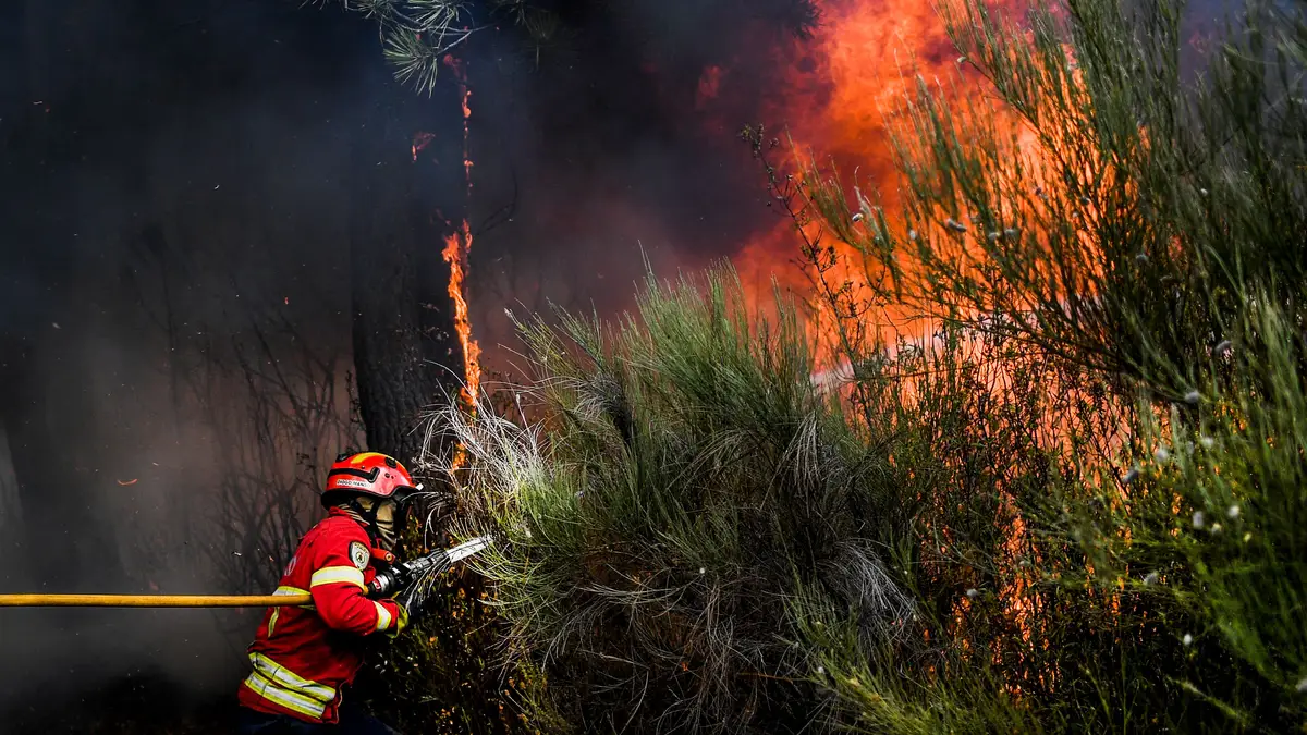 Um bombeiro combate um incêndio perto de Manteigas