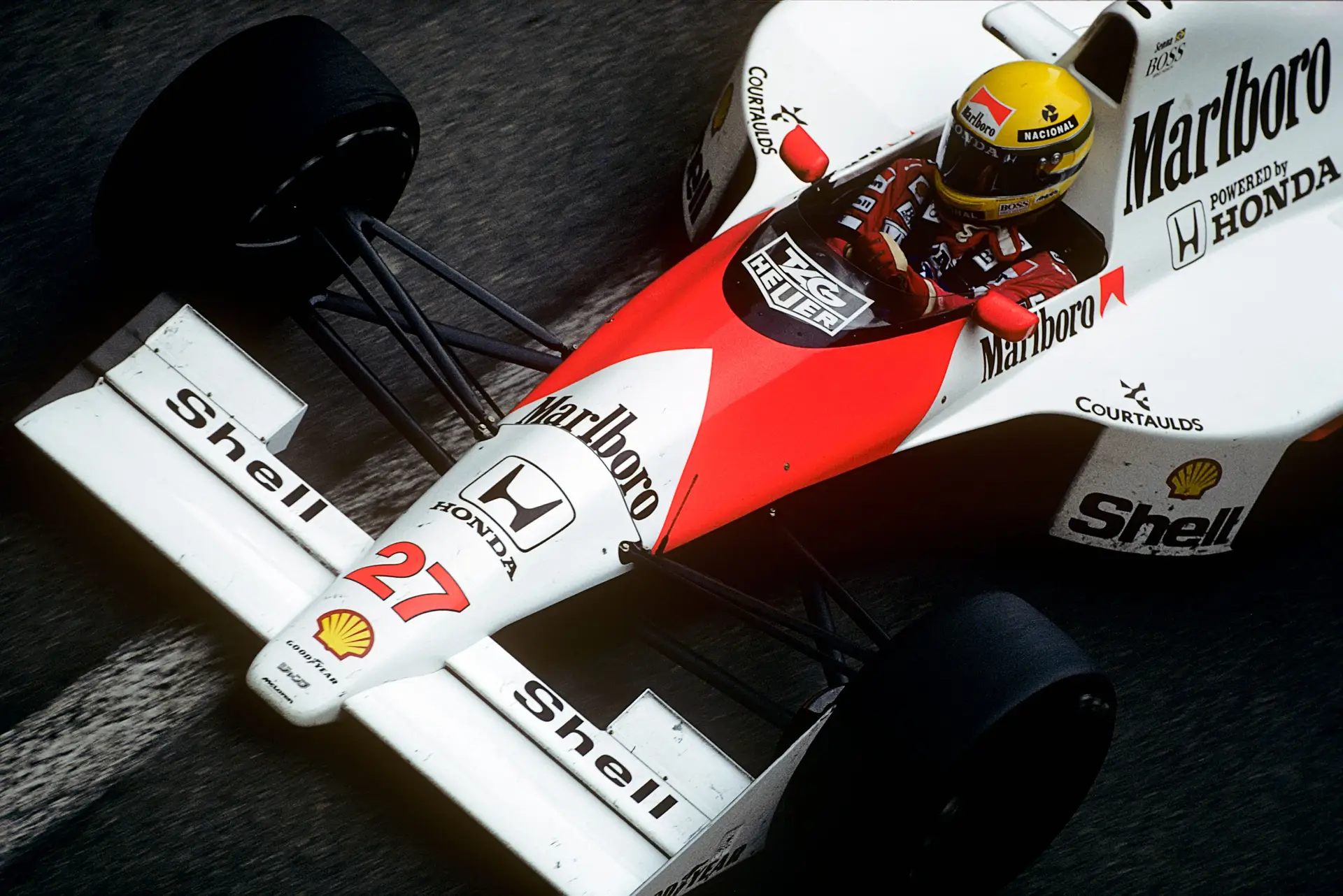 O piloto brasileiro Ayrton Senna, ao volante do McLaren-Honda MP4/5B, Grande Prémio do Mónaco, 27 de maio de 1990.