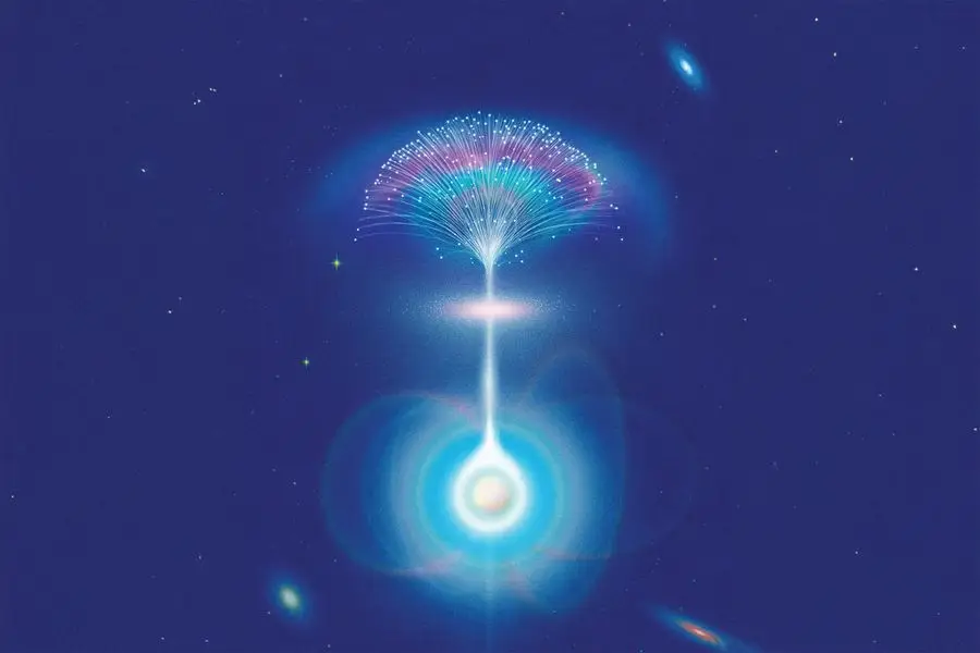 Ilustração de uma estrela de neutrões a emitir um feixe de rádio a partir do interior do seu ambiente magnético / MIT
