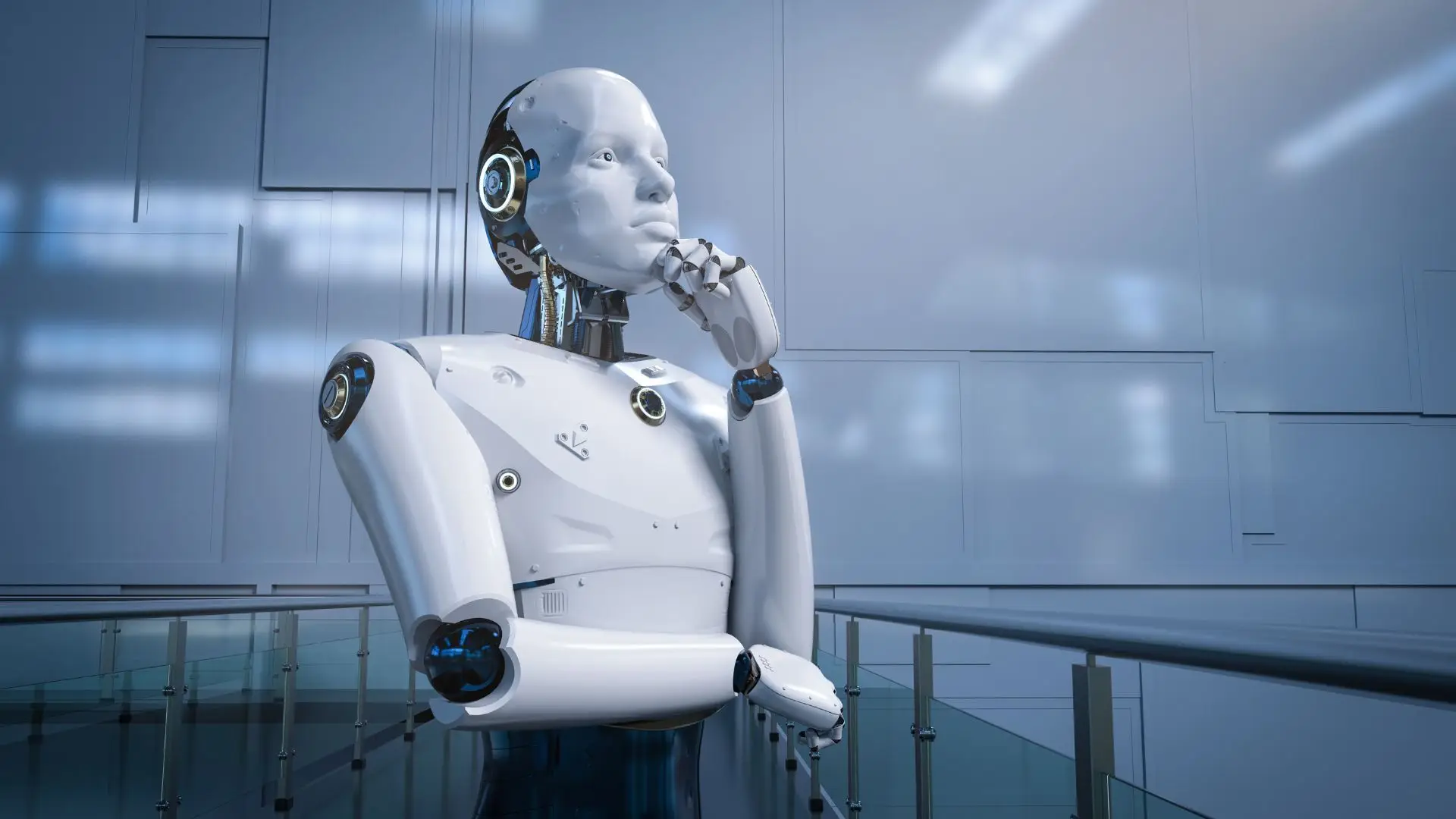 Robô interagindo com dados científicos em um laboratório