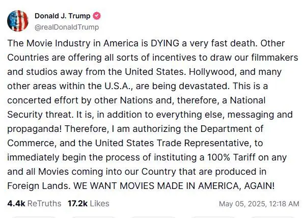 Donald Trump ameaça (agora) taxar a 100% filmes produzidos no estrangeiro