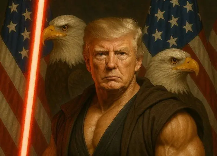 Foto gerada por IA de Donald Trump com sabre de luz de Star Wars