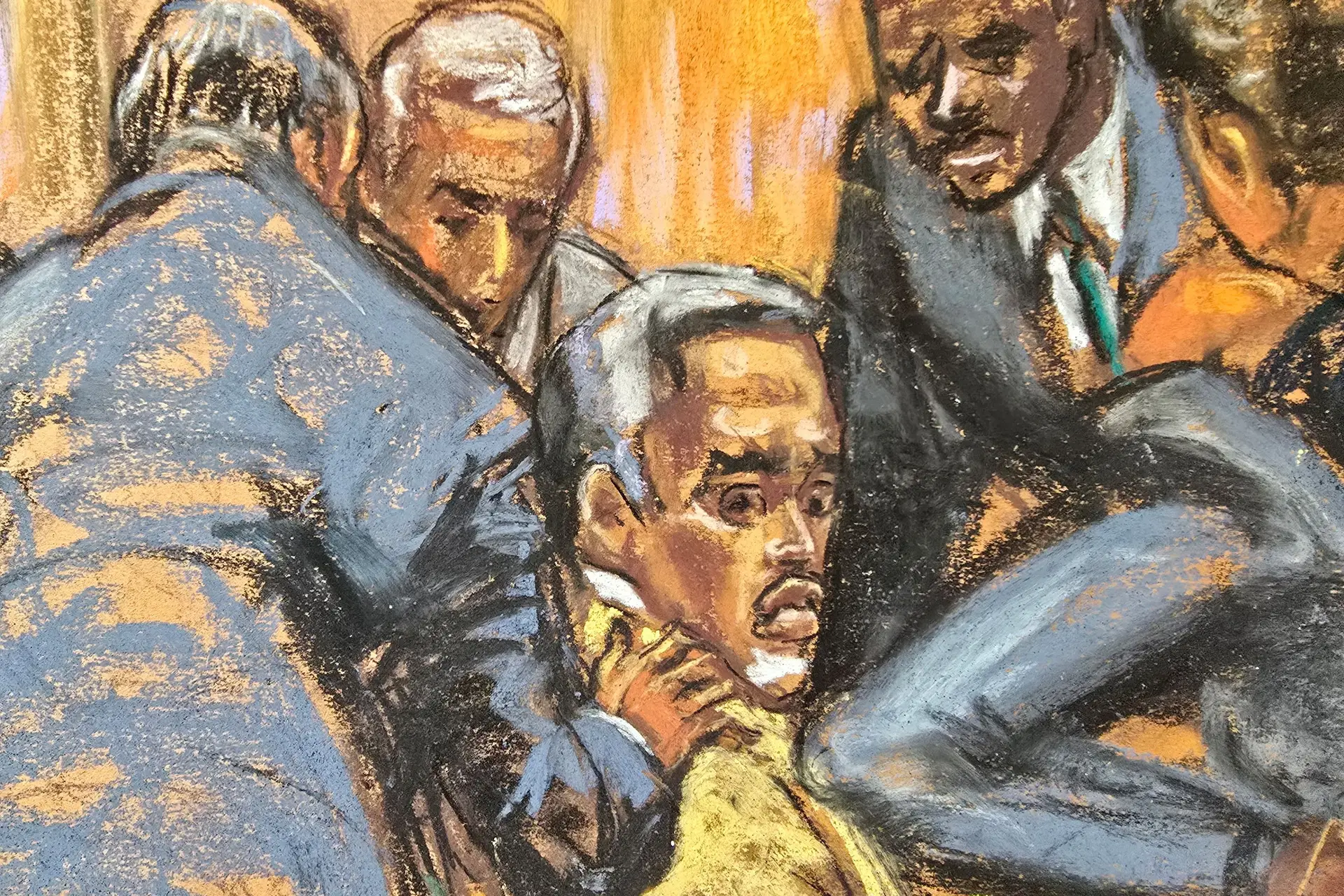 Os advogados de defesa confortam Sean "Diddy" Combs durante o julgamento de Combs por tráfico sexual na cidade de Nova Iorque, EUA, a 1 de julho de 2025, conforme ilustrado neste esboço judicial.