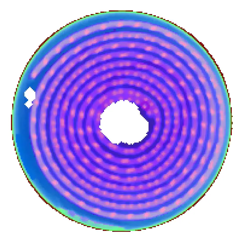 Digitalização CHXI-MMT de uma bateria de lítio Duracell CR123A. As cores mostram os diferentes materiais dentro da bateria.