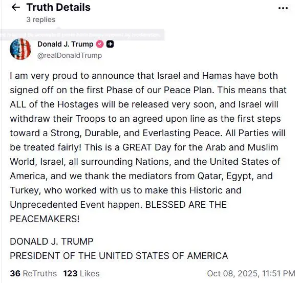 “É um grande dia”: Donald Trump confirma acordo entre Israel e Hamas