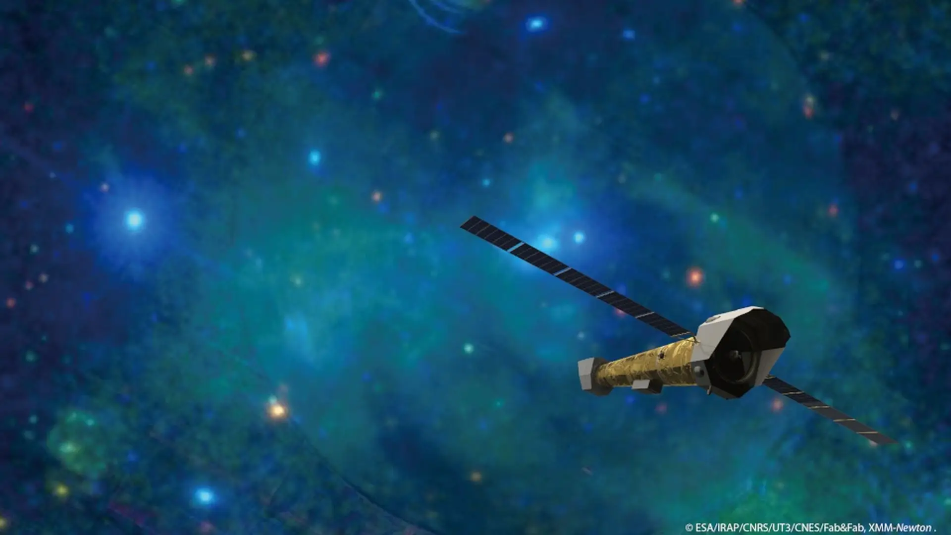 Composição de uma imagem artística da missão espacial NewAthena, com uma imagem em raios X do buraco negro supermassivo no centro da Via Láctea, Sagitarius A*, obtida pelo telescópio Espacial XMM-Newton, da ESA. 