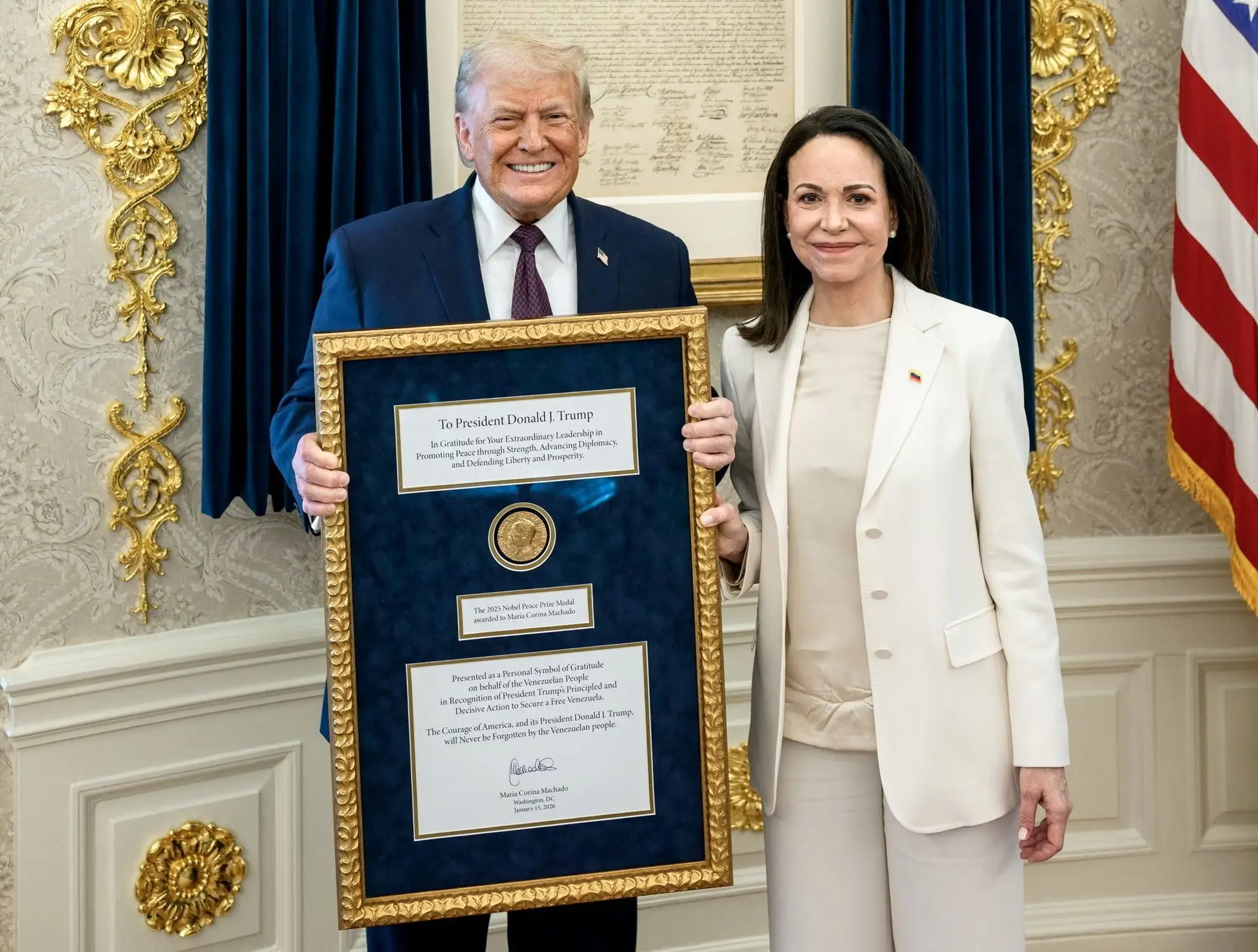 Um "gesto maravilhoso": Trump agradece a Corina Machado oferta de medalha do Nobel