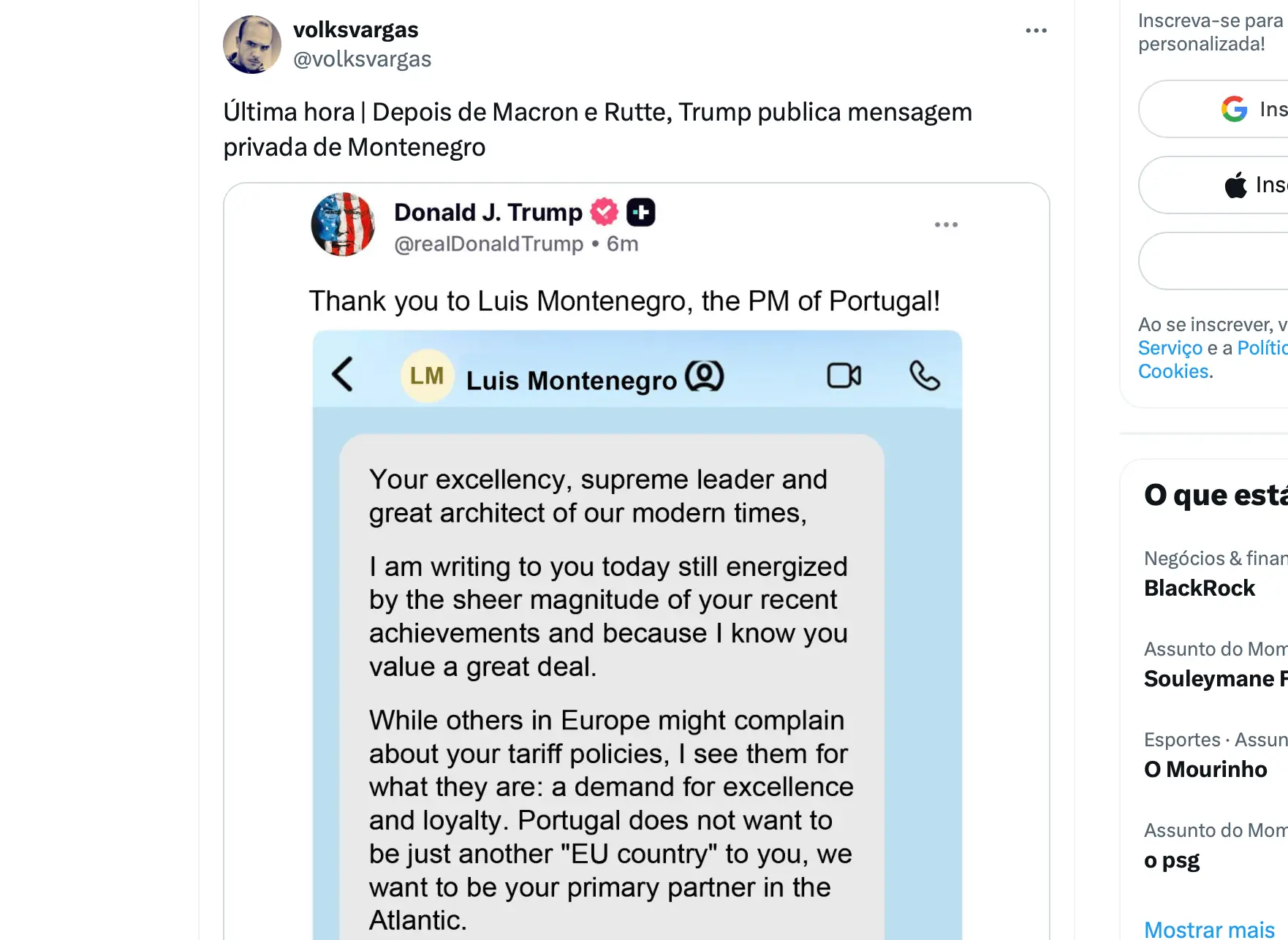 Página "Volksvargas" esclarece polémica após queixa de Montenegro: "Trata-se de uma imagem satírica"